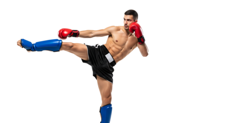 Man Kicking in Martial Arts Stance on White Background