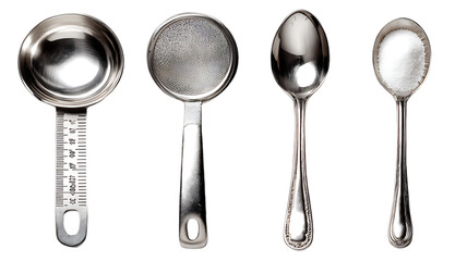 Set of measuring spoons and strainer isolated on transparent background