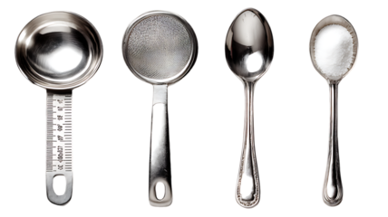 Set of measuring spoons and strainer isolated on transparent background