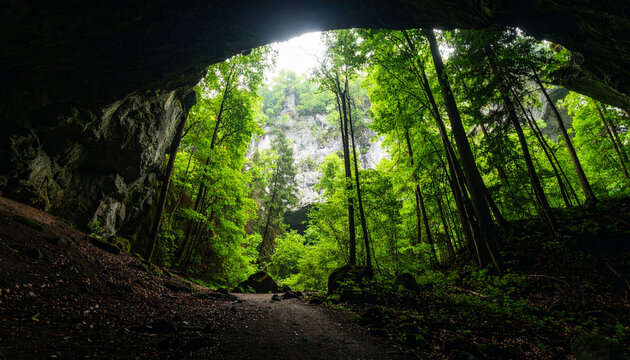 Inside the Enchanted Cave: A breathtaking view from within a cavern, revealing a vibrant green forest bathed in natural sunlight, showcasing the harmonious intersection of nature and earth.