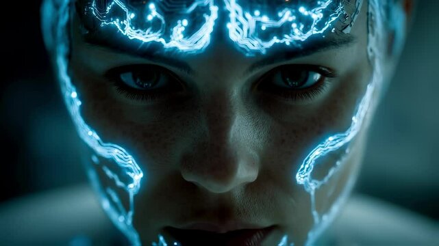 Futuristic medical visualization shows glowing connections in a woman's brain, possibly representing neural activity or a brain computer interface