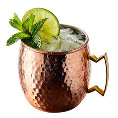 Refreshing moscow mule in copper mug garnished with lime and mint on black