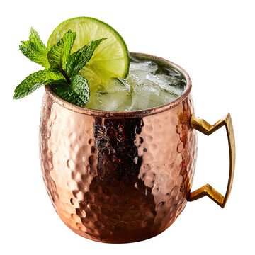 Refreshing moscow mule in copper mug garnished with lime and mint on black