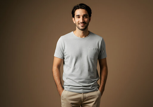 A young man stands smiling with his hands in his pockets, wearing a gray t-shirt and khaki pants.