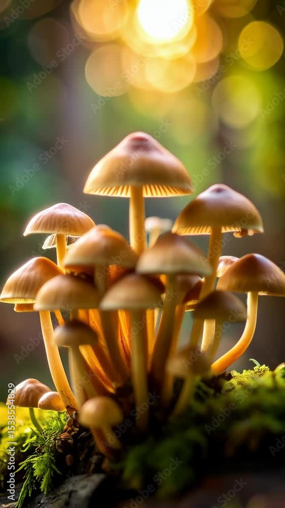 Poster cluster of wild mushrooms on a mossy log bathed in golden sunlight streaming through trees in a fore