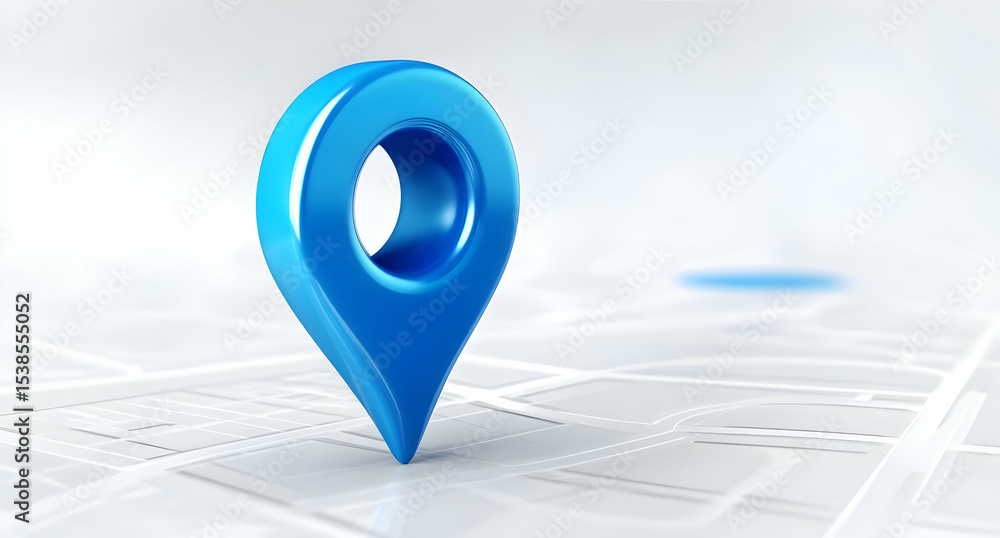 Poster a close-up of a blue location pin on a digital map, symbolizing navigation and modern technology.