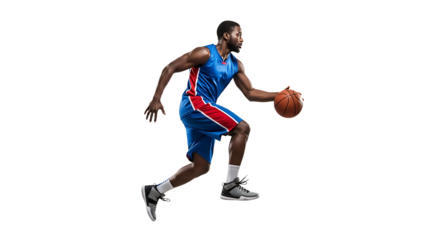 Man Dribbling Basketball in Motion on Isolated White Background