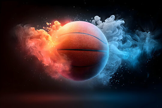 Dynamic basketball image with vibrant smoke effects showcasing energy and passion for sports.
