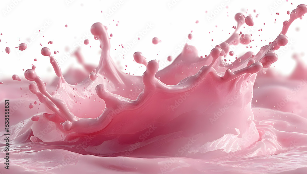 Poster a vibrant splash of pink liquid creating dynamic shapes and patterns against a white background.