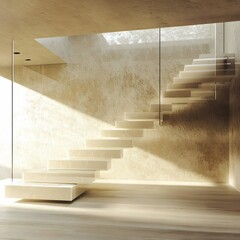Naklejka premium Suspended Floating Staircase with Glass Railings and Walkway – Contemporary Architectural Feature Showcasing Minimalist Design, Transparent Safety Panels, and Modern Interior Aesthetics