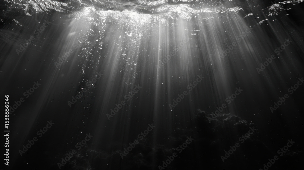 Poster dramatic underwater scene with rays of light penetrating surface, creating serene and tranquil atmos