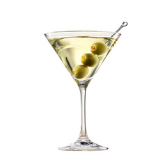 Elegant martini cocktail with olives isolated on a black background, refined taste