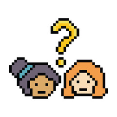 Obraz premium Cute pixel cartoon character woman with question mark decoration 8 bit female girl lady confused idea question mark think questionnaire choose cartoon pixel game 8bit png vector.