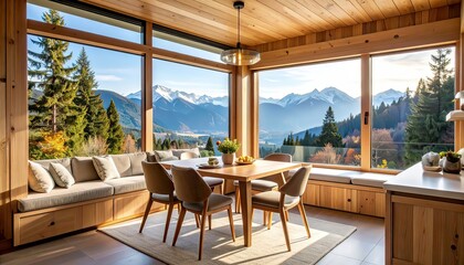 Cozy Corner Breakfast Nook with Built-in Seating and Panoramic Mountain View

