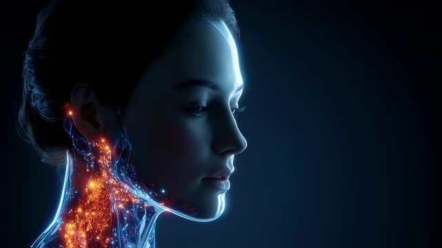 Medical animation showing inflamed lymph nodes in a woman's neck, highlighting the complex network of the lymphatic system and its role in immune response
