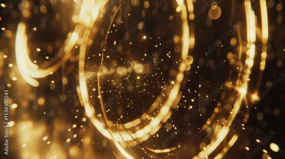 Poster floating light particles create mesmerizing effect in circular golden patterns, evoking sense of won