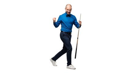 Man Celebrating Billiards Win Holding Cue Stick with Joy