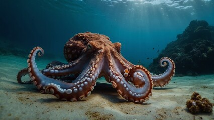 Octopus Resting on the Ocean Floor with Sunlight Streaming Through the Water