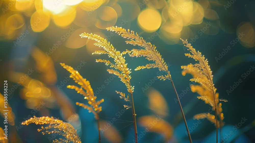 Poster golden grass swaying gently in breeze, illuminated by soft bokeh light, creating serene and tranquil