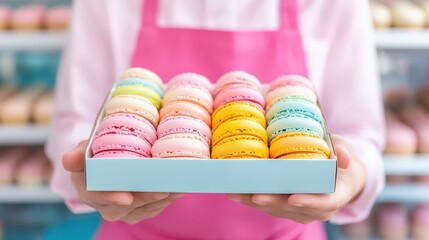 A person in a pink apron holds a box of colorful macarons, displayed neatly in rows, ready to serve or gift.
