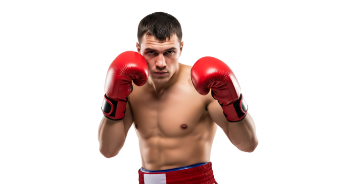 Boxer in Boxing Gloves Ready to Fight on White Background