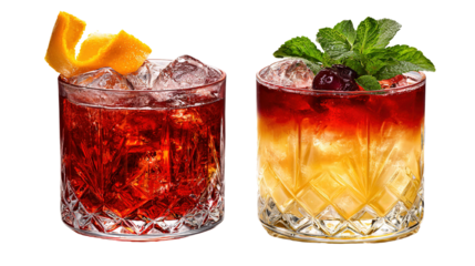 Two colorful cocktails garnished with fruit and citrus on a black background