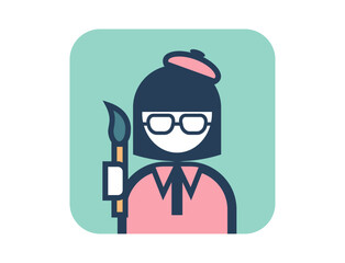 絵筆を持った画家のシンプルな四角いカラフルカラーイラストアイコン