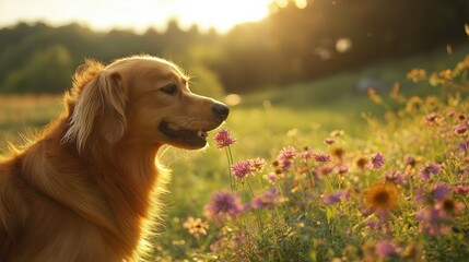 A dog playfully sniffing the flowers in a sunlit field of wildflowers, surrounded by green grass and a few trees in the background. 