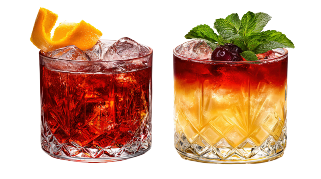 Two colorful cocktails garnished with fruit and citrus on a black background
