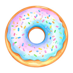 A colorful donut with sprinkles and icing, featuring a central hole. cut out. transparent background