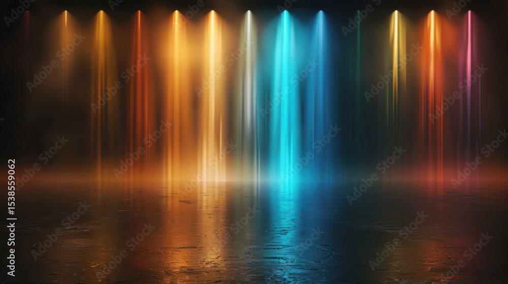 Poster vibrant display of gradient spotlight beams creates central bright color effect, illuminating reflec