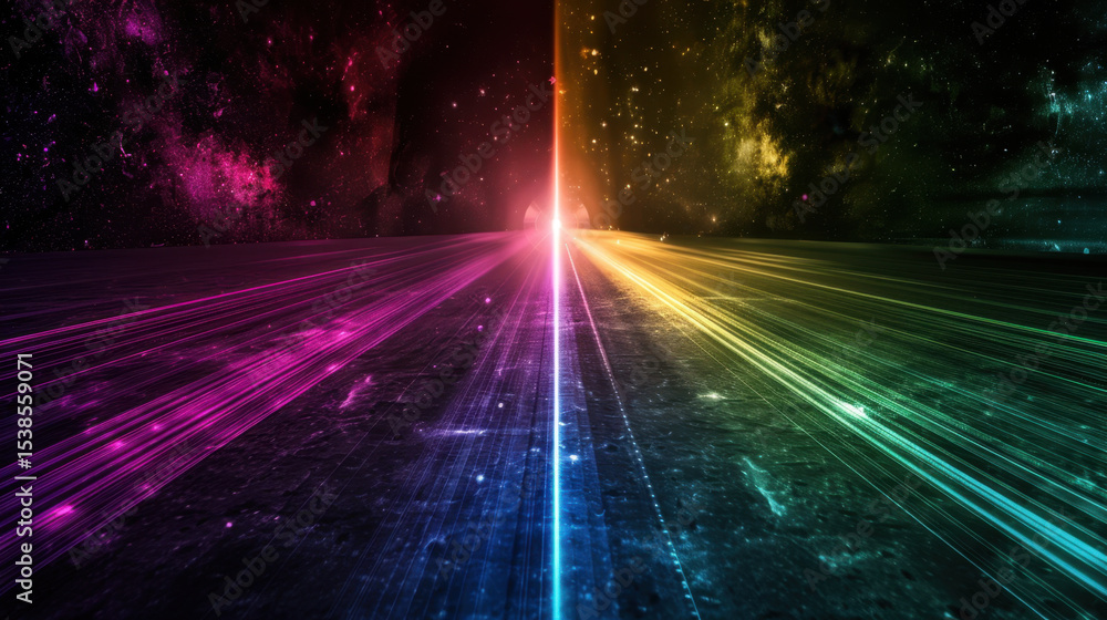 Aufkleber vibrant cosmic scene featuring beams of light in various colors converging towards central point, cr