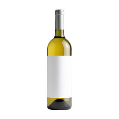 A wine bottle with a blank label showcasing a yellow liquid inside. cut out. transparent background