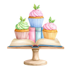 A stack of three colorful cupcakes rests on an open book, showcasing a whimsical dessert theme. cut out. transparent background
