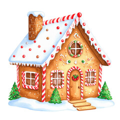 Gingerbread house adorned with candy decorations and snow. cut out. transparent background