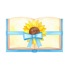 An open book featuring a sunflower and a blue ribbon. cut out. transparent background