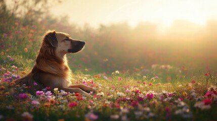 A dog resting in a flower-filled field, surrounded by a sea of colorful blossoms. The sun is beginning to set, casting a soft golden glow across the meadow and creating a peaceful.
