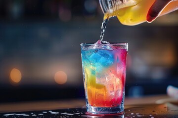 Vibrant Image of a Person Pouring a Drink Into a Glass with a Colorful Drink in it