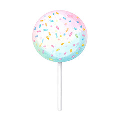 A colorful lollipop with a sprinkle design featuring pastel shades and a white stick. cut out. transparent background