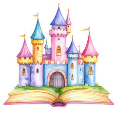 A whimsical castle emerging from an open book, featuring colorful towers and flags, depicting a fairytale theme. cut out. transparent background