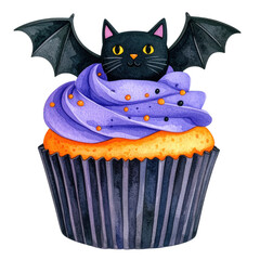 A whimsical cupcake topped with purple frosting and a playful black cat with bat wings peeking out. cut out. transparent background