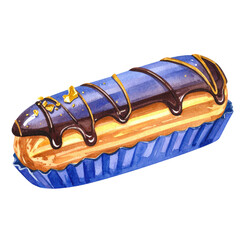 A delicious pastry topped with chocolate and presented in a decorative wrapper. cut out. transparent background