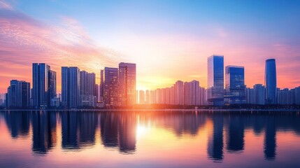 Obraz premium Panoramic urban vista at daybreak: Reflections paint the skyline in pastel hues