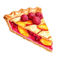 Slice of pie topped with raspberries, featuring a colorful filling and golden crust. cut out. transparent background