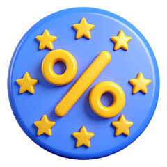 Discount symbol featuring a percentage sign surrounded by stars in vibrant colors. cut out. transparent background