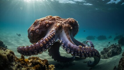 Underwater shot of octopus near the seabed in clear blue ocean water