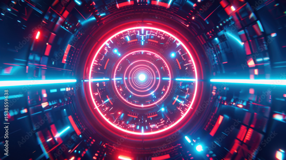 Poster futuristic kaleidoscopic pattern with vibrant red and blue lights rotating around central axis, crea
