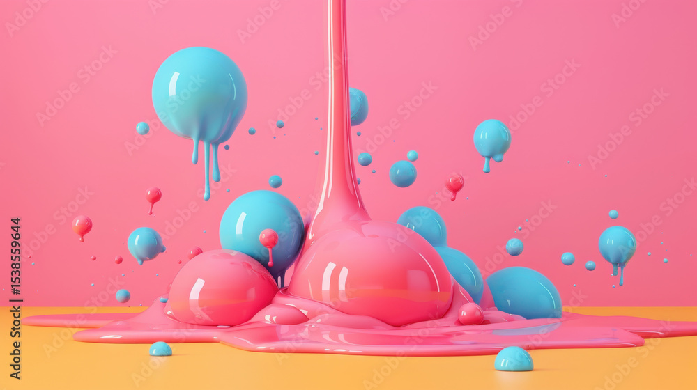 Poster bright pink and blue paint blobs create vibrant, playful scene, showcasing dynamic flow and splash e