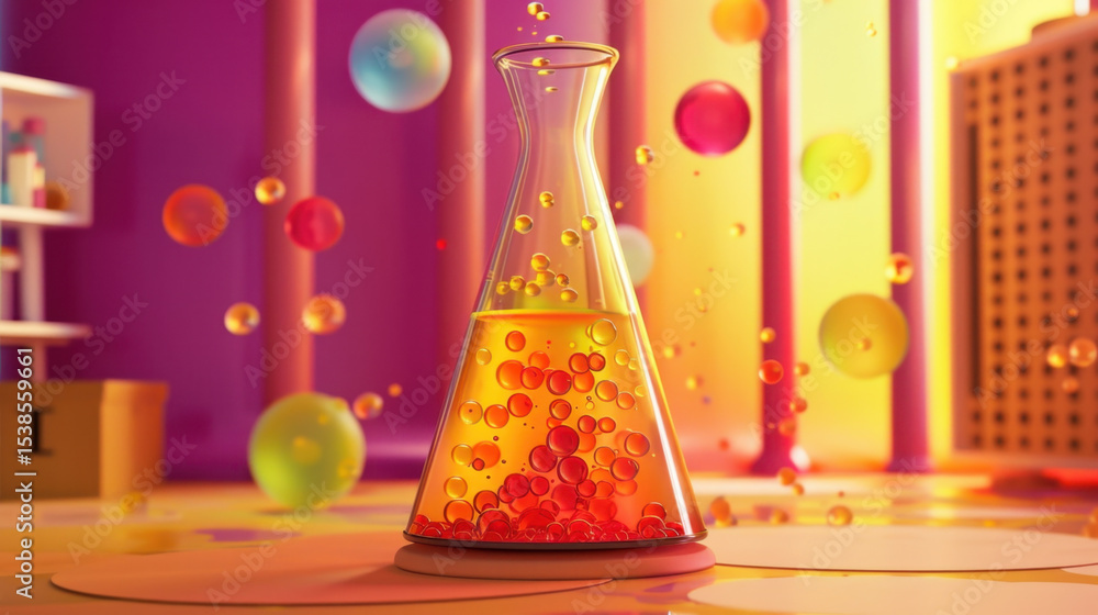 Poster bright and colorful liquid in laboratory flask, showcasing vibrant bubbles and blobs in playful sett