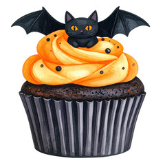 A whimsical cupcake topped with swirled frosting and a black cat with bat wings. cut out. transparent background